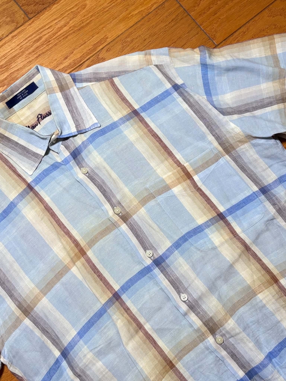 Alan Flusser Shirt Mens M Linen Multicolor Plaid Short Sleeve Button Up Casual